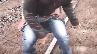 Amateur outdoor scat shitting on a train track with my hot ass