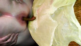 Red shit on a plastic bag