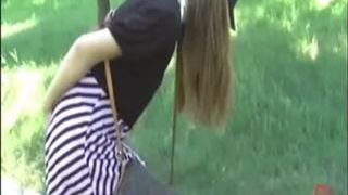 Sexy girl shitting in pink panties in public