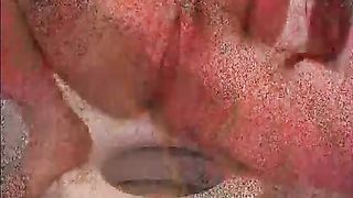 Teen girl pooping over the toilet