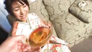 Hairy Asian girl drinking her own piss