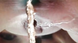 Blonde woman pooping in nature