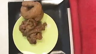 Blonde student pooping on a plate