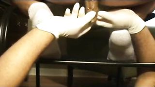 Constipated girl on a homemade toilet