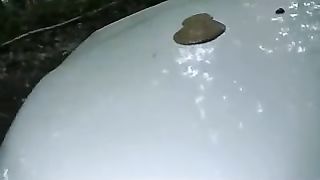Creamy poop on top of her car
