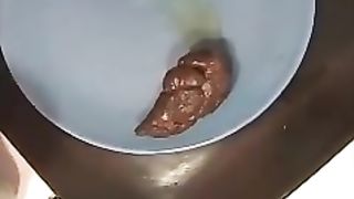Tattooed brunette shitting on a plate