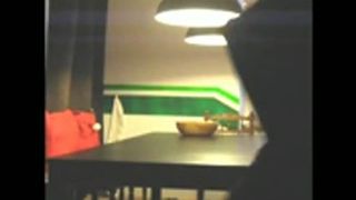 Nerd brunette pooping on a table