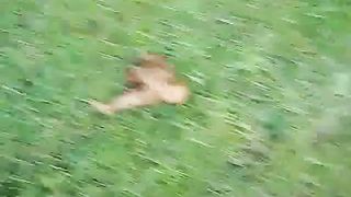 Brunette teen shitting on the grass