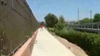 Naughty jogger pooping on the sidewalk