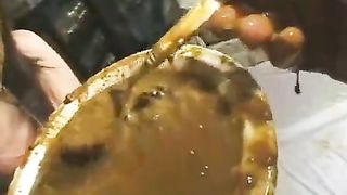 Petite babe eating a lot of poop from a plate