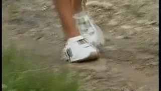 Confident brunette pooping