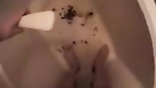 Blonde babe wants to clean shit from her legs