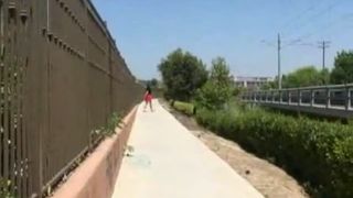 Sexy girl with curly hair pooping in public