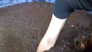 Brunette hottie taking a scat bath