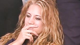 Blonde babe puking in a white bucket