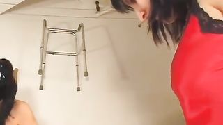 Mature man with a funny mustache used as human toilet