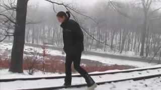 Undress to pee in snow outdoor