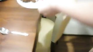 Blonde babe eating poop with a spoon