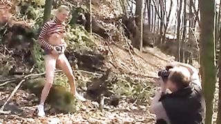 Blonde teen trying to drink piss outdoor