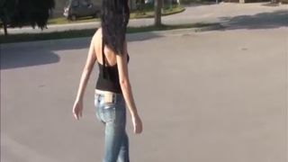 Beautiful brunette shitting in public