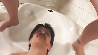 Sexy rocker mistress feeding her male slave