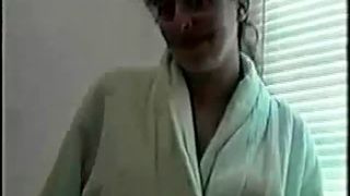 Pregnant woman pooping on a wooden chair