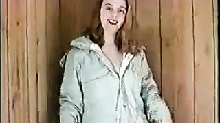 Pregnant woman pooping on a wooden chair