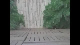 Chubby housewife pooping on the front porch