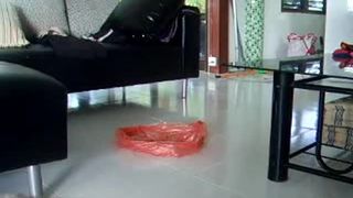 Hot college girl shitting in a red plastic bag