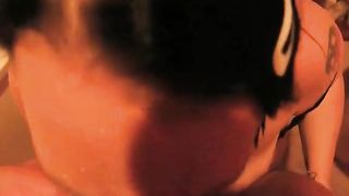 Chubby slut sucking cock after drinking piss