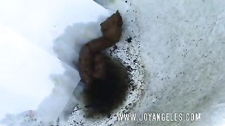 Beautiful housewife shitting in a tub outdoor
