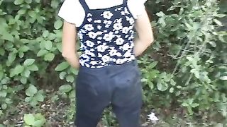 Beautiful housewife shitting in a tub outdoor