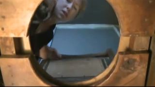 Creampied girl pooping on a wooden homemade toilet