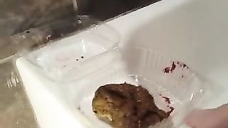 Hairy woman masturbating with poop in close up