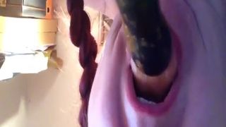 German Redhead sucking shit from a dildo