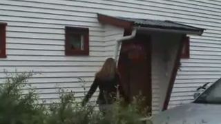 Blonde teen locked outside her house