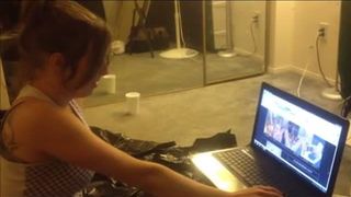 Skinny girl smearing crap slowly on her naked body