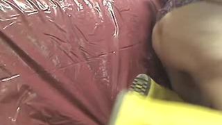 Hot blonde milf pooping on pink plastic bag