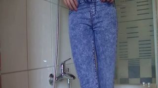 Hot Romanian model peeing and pooping in blue jeans