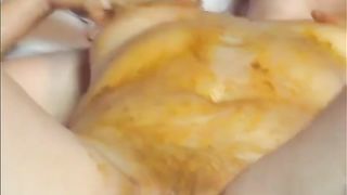 Drunk MILF smearing poop on her naked body