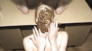 Skinny whore eating poop
