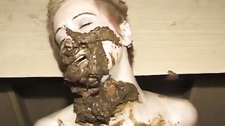 Skinny whore eating poop