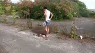 Sexy teen shitting on her male slave in public