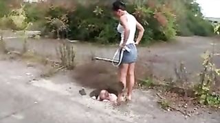 Sexy teen shitting on her male slave in public