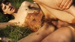 Hairy babe fucked hard with scat in public