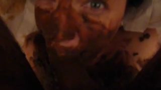 Mature woman smearing shit on her face during amateur blowjob