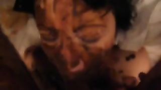 Mature woman smearing shit on her face during amateur blowjob
