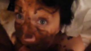 Mature woman smearing shit on her face during amateur blowjob