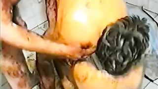 fat fucker shitting pissing and jizzing on two girls