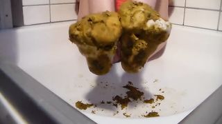 Hairy babe smearing poop on her socks